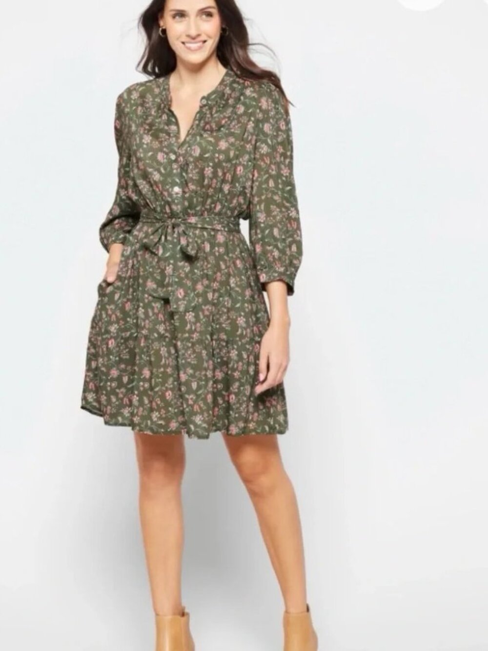 Amour Vert ARYA Dress Lago Green/Pink Floral Tie Waist 3/4 Sleeves Pockets L